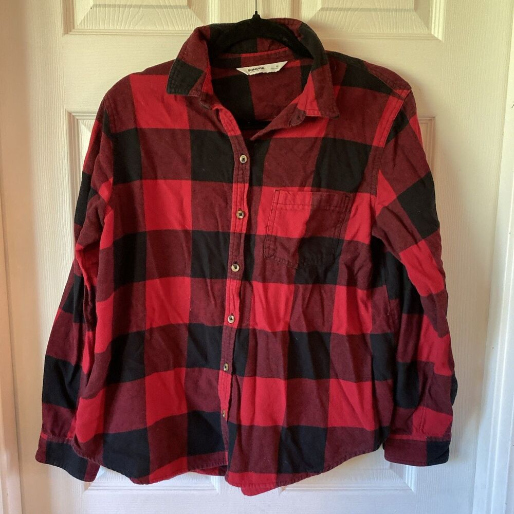 Sonoma Women’s Medium Button Up Flannel Shirt Checked Long Sleeve